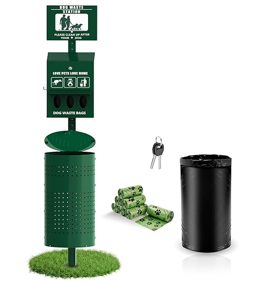 Dog Waste Station - Large 11.5 Gallon Dog Poop Station with Poop Bags, Liner Bags, Lockable Dispenser & Keys – Heavy-Duty Outdoor Pet Waste Station for Commercial Use, Parks, Backyard