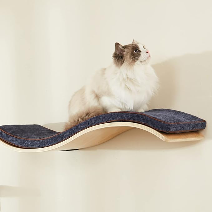 LIORCE Cat Shelf with Comfortable Cushion - Wave Modern Cat Bed - Minimalistic Floating Cats Wall Perch - Wooden Wall Mounted Cats Furniture for Sleeping, Playing, Climbing, and Lounging