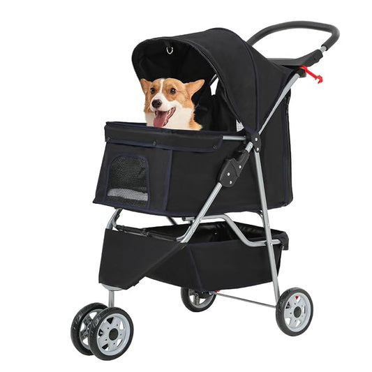 FDW Pet Stroller 3-Wheel Durable Foldable Cat Dog Stroller with Washable Liner Storage Basket Cup Holder,Black