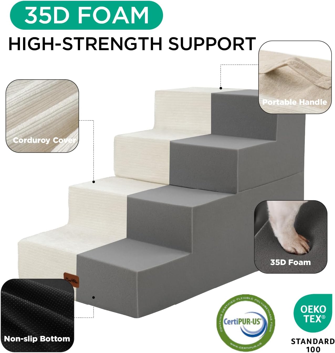 Made4Pets Dog Stairs for High Bed, Extra Wide Pet Stairs for Bed Couch Sofa, 35D Foam Pet Steps for Small Dogs and Cats, Non-Slip Bottom Dog Steps, Beige, 5 Steps