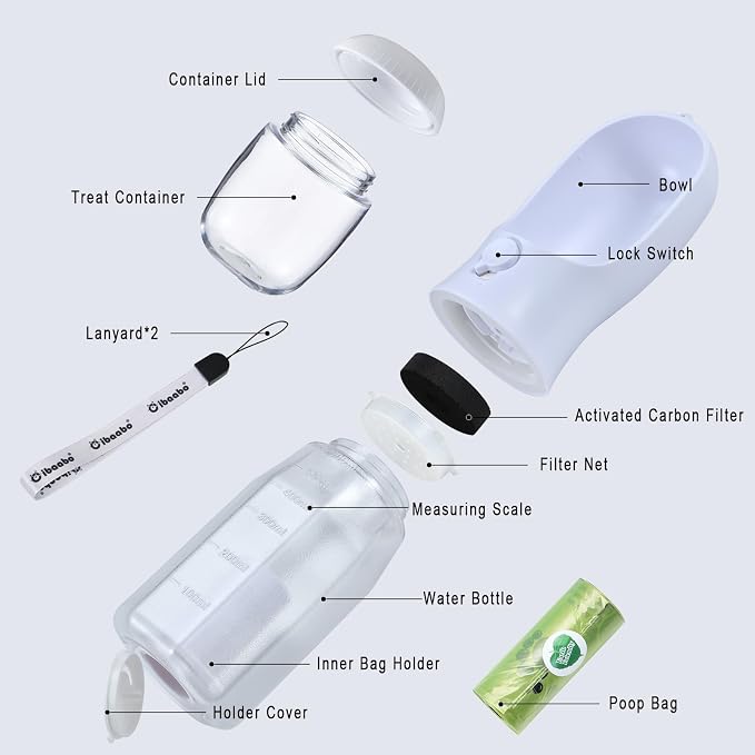Cibaabo Dog Water Bottle with Food Container & Poop Bag Holder, Travel Water Bowl, Portable Pet Dispenser, Dog Gifts Stuff Accessories Items, Puppy Essentials for Yorkie Chihuahua Walking Hiking
