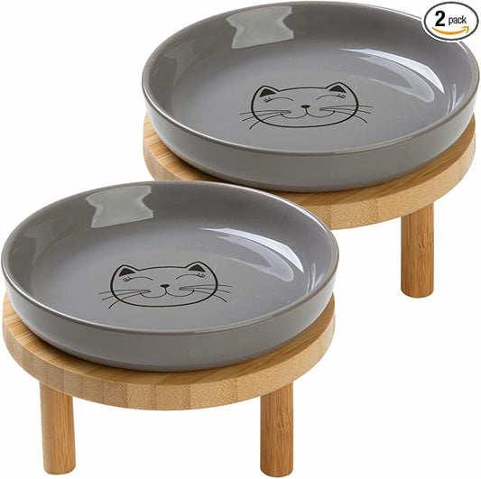 Lusifaco Shallow Elevated Cat Bowls,5.9 Inch Wide Raised Ceramic Cat Dishes with Bamboo Stand, Whisker Friendly Pet Water or Food Plates Feeding Station for Indoor Cats, Kitten(Grey,Set of 2)