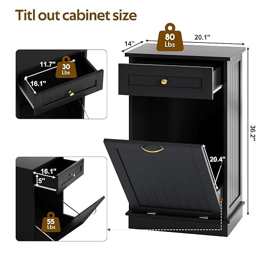 10 Gallon Tilt Out Trash Can Cabinet with Drawer Hidden Trash Cabinet Black | Cabinet with Drawers for Kitchen, Bathroom and Laundry Room