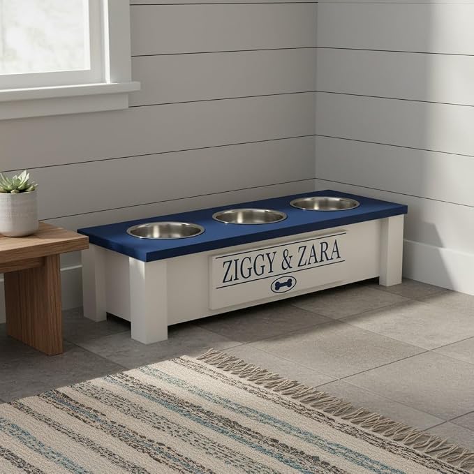 3 Bowl Dog Feeding Station, Personalized Triple Bowl Food Stand Small Dogs | Farmhouse Style, Elevated Wood Stand, Storage Container, Stainless Steel Bowls, Raised Feeder, Small Breed, Made in USA