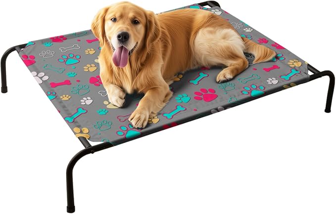 QOOMO Elevated Dog Bed with Cooling Fabric, Pet Cot for Small and Big Dogs, Indoor and Outdoor Use, Joint Relief, Cute Printed Cushion Included (Colored Paw Prints, 47.24" L*31.89" W*9.45" Th)