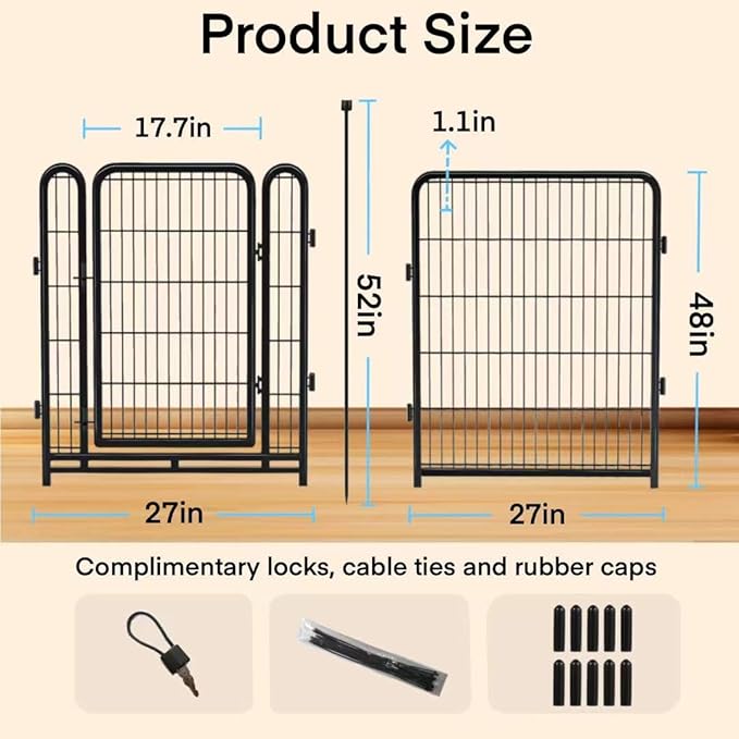 Explovehike 8 Panels Garden Fence with Gate, 48 in(H) X17.7 Ft(L) Wide Door Low Threshold, Heavy Duty Dog Fence Outdoor for Yard, Outdoor Dog Fence, Fencing for Garden Beds