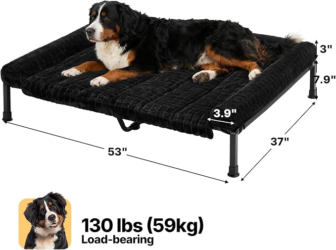 Veehoo Elevated Dog Bed with Fluffy Plush Bolster Cushion, Dog Couch Bed | Cooling Raised Dog Bed for Large Dogs, Washable Orthopedic Pet Cot with Removable Mat, Breathable Mesh, Non-Slip, 53", Black