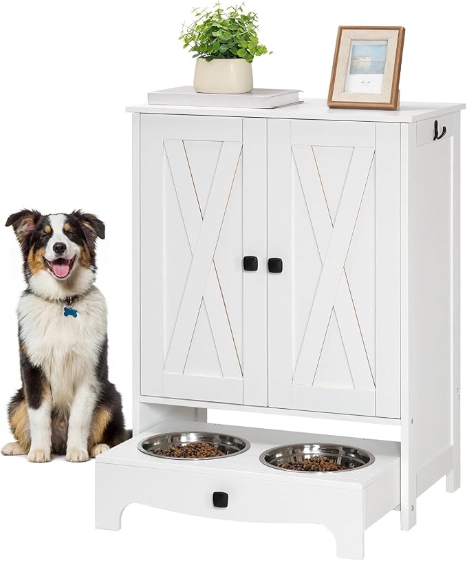 HOOBRO Dog Feeding Station with Storage and Hooks, Dog Food Storage Cabinet with Feeding Bowls, Pet Feeding Station with Sliding Drawer and 2 Hidden Bowls for Dog & Cat, White WT12PO03G1