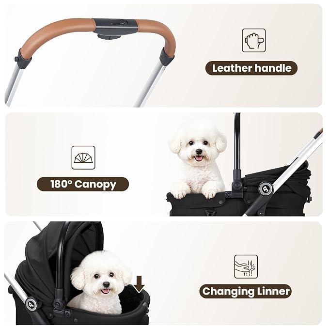 T3 Pro Small Dog Stroller (Black) | Detachable Carrier, Change Linner, Larger Rear Wheel, Aluminum Alloy Frame, Easy Assembly, Easy to Store