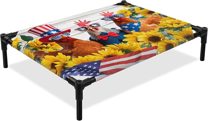 Outdoor Elevated Dog Bed for Large Dogs, Sunflower Independence Day Breathable Cooling Raised Dog Cot for Indoor/Outdoor, 4th of July Rooster Wooden Waterproof Elevated Pet Beds, L 28 x 22 in