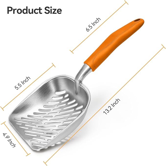 Cat Litter Scoop, Large Long Handle Kitty Metal Scooper | Heavy Duty Aluminum Deep Sifter, Ergonomic Non-Slip Grip, Rustproof Durable Poop Cleaner for Cat Litter Box