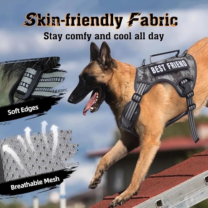 Tactical Dog Harness with Leash for Large Dogs, No Pull Adjustable Dog Harness, Reflective K9 Working Pet Vest for Walking, Training (Camouflage Grey, L)