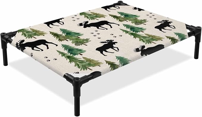 Outdoor Elevated Dog Bed for Medium Dogs, Black Green Moose Breathable Cooling Raised Dog Cot for Indoor/Outdoor, Modern Animals Trees Rustic Waterproof Elevated Pet Beds, M 24 x 20 in