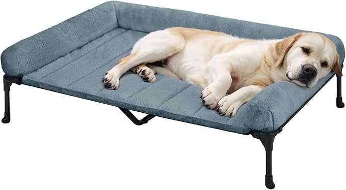 Veehoo Elevated Dog Beds Large Sized Dog with Fluffy Plush Bolster Cushion | Orthopedic Raised Dog Beds for Indoor Outdoor, Soft Pet Sofa Cot with Removable Washable Mat, No-Slip Feet, 49" x 33", Blue
