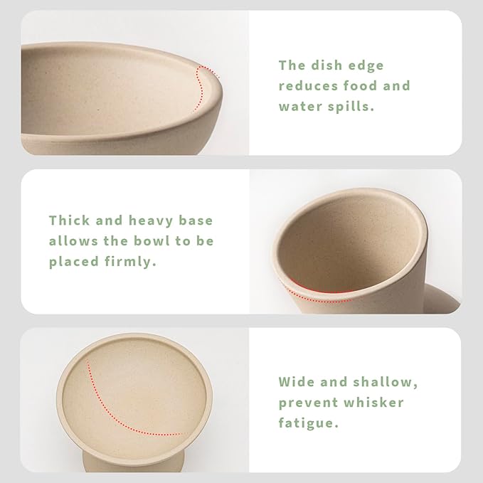 CEEFU Extra Wide Elevated Ceramic Cat Bowl, 6.2" Shallow Dish for Whisker Fatigue Relief, 5" Height for Easy Feeding, Durable Raised 2 Cat Food Bowls, Pottery Clay (Not Glazed)