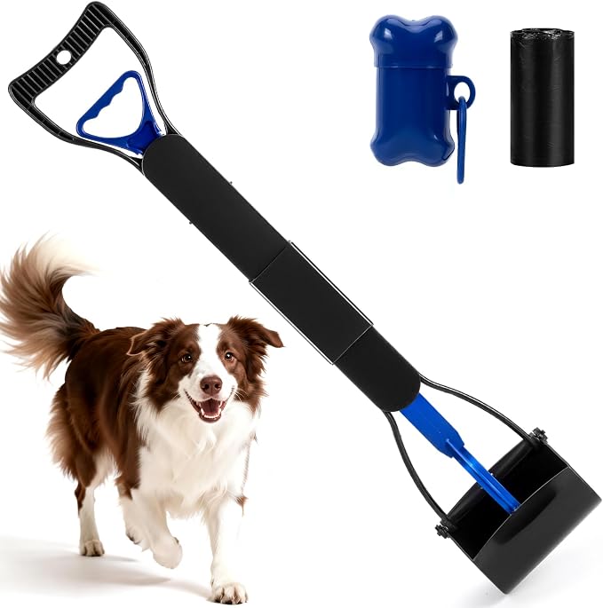 32" Pooper Scooper with Bags & Dispenser Attachment, Long Handle Dog Poop Scooper for Large/Small Dogs, High Strength Spring No-Bend Poop Scoop, Foldable Poop Picker Upper for Grass/Gravel Pick Up