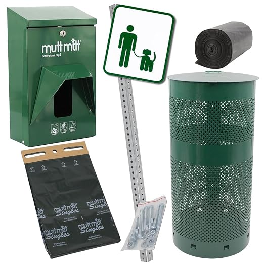 Mutt Mitt® Aluminum Dog Waste Station - Gloss Green | Singles | Complete aluminum station with 400 header bags, 25 liners, 12-gal can, locking dispenser, post & hardware included