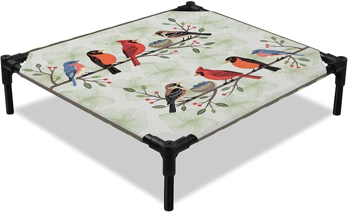 Outdoor Elevated Dog Bed for Small Dogs, Rustic Cardinal Bird Breathable Cooling Raised Dog Cot for Indoor/Outdoor, Green Leaves Branches Country Berries Waterproof Elevated Pet Beds, S 20 x 20 in