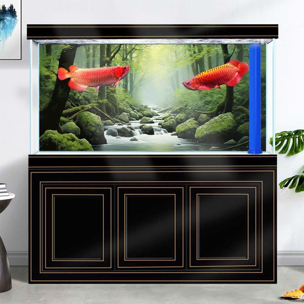 36X18IN Tropical Forest Terrarium Background, Natural Green Forest Tree Reptile Habitat Background, Misty Rainforest Aquarium Background, with 8 EVA Double-Sided Tape