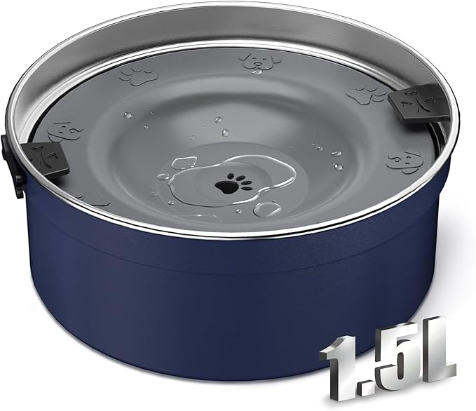 Dog Water Bowl No Spill, 1.5L/50oz Stainless Steel Slow Water Bowl for Dogs, Spill Proof Dog Bowl with Anti-Splash & Non-Slip, Slow Drinking Water Bowl Dispenser for Messy Drinkers (Blue)