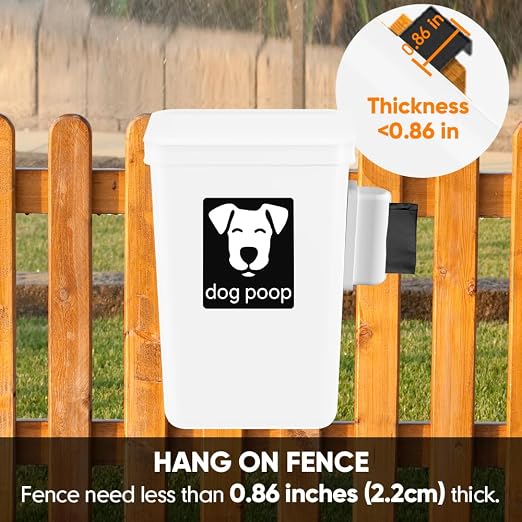 Moryimi Dog Poop Trash Can Outside 3.1 Gallon White | Dog Waste Trash Can with Trash Bag Dispenser, Outdoor Dog Poop Trash Can with Lid, White Hanging Trash Can for Fence, Garbage