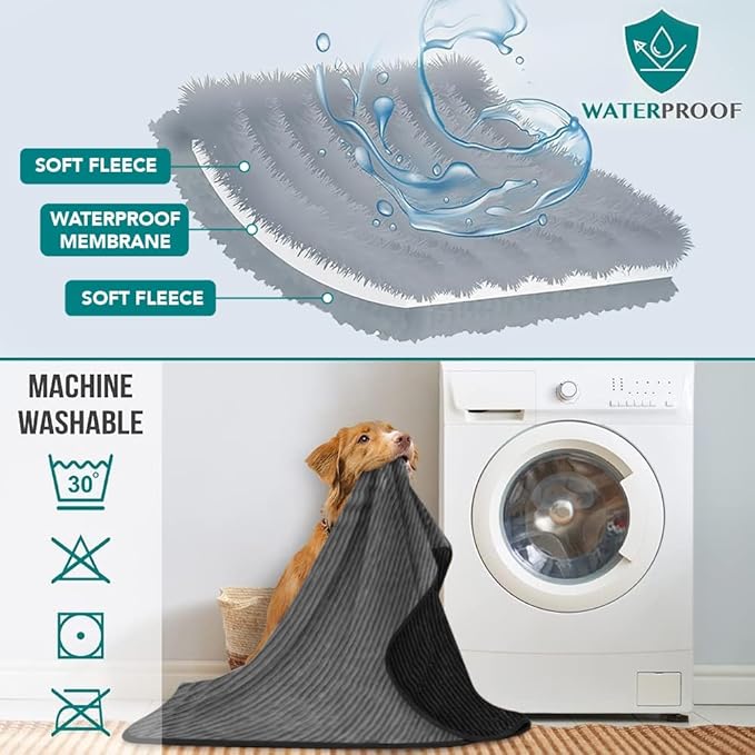 PetAmi Waterproof Dog Blanket, Leakproof Pet Blanket for Small Medium Large Dogs, Reversible Furniture Bed Sofa Couch Cover Protector, Plush Striped Pet Throw for Indoor Cat, 60x80 in, Black Grey