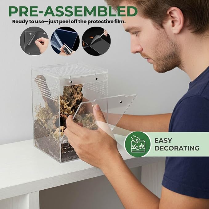 Jumping Spider Enclosure, Acrylic Tarantula Enclosure, 6x6x9 Inch Insect Terrarium with 2 Magnetic Doors, Pre-Assembled Reptile Habitat for Gecko, Mantis, Snail, Lizard, Frog, Hermit Crab, Hatchlings