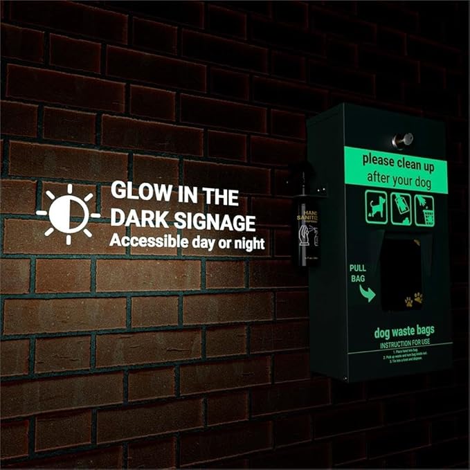 Pemberly Row Mountable Locking Pull Out Pet Waste Bag Dispenser, 5"x12"x16", Galvanized Steel, Green, Includes Hand Sanitizer, Glow-in-the-Dark Signage, 400 Bags, Commercial or Residential Use