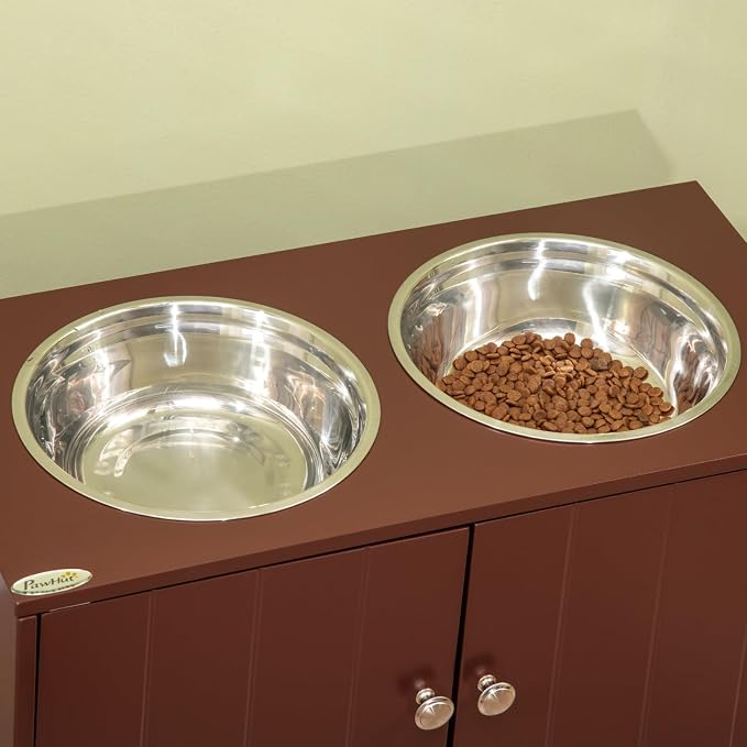 Large Elevated Dog Bowls with Storage Cabinet Containing 44L Capacity, Raised Bowl Stand Pet Food Feeding Station, Brown, Easy-Install