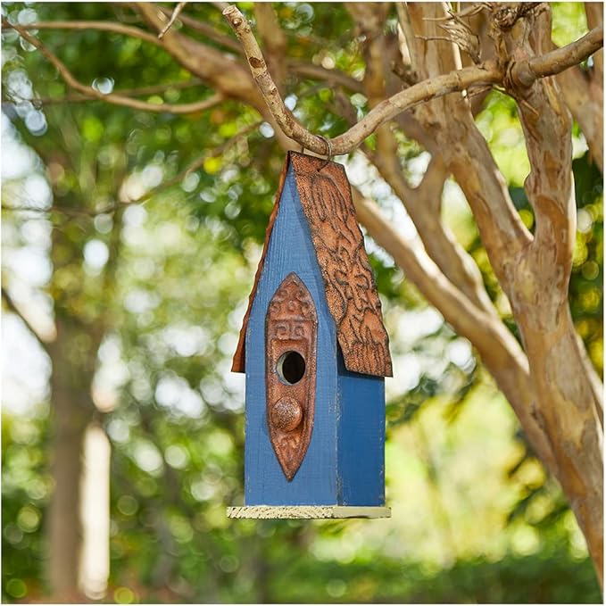 Glitzhome Bird Houses for Outside, Hanging Bird House for Outdoors, 13.25" H Retro Blue Distressed Solid Wood Pet Cottage Garden Decorative Birdhouse for Swallow Sparrow Finch Cardinals