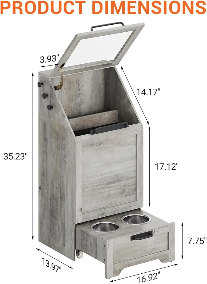 Dog Feeding Station, with Pet Feeding Station,Flip Top Dog Food Storage Cabinet, 2 Elevated Bowls, Includes 3 Hooks for Accessories – Space-Saving Design, Grey