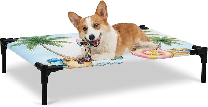 Outdoor Elevated Dog Bed for Large Dogs, Summer Beach Surfboard Breathable Cooling Raised Dog Cot for Indoor/Outdoor, Tropical Palm Tree Swimming Ring Waterproof Elevated Pet Beds, L 28 x 22 in