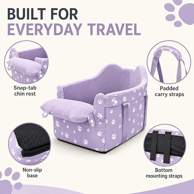 Center Console Dog Car Seat Safe Travel for Small Dogs Under 15 lbs Detachable Washable Pet Carrier with Storage Pockets & Safety Leash (Purple)