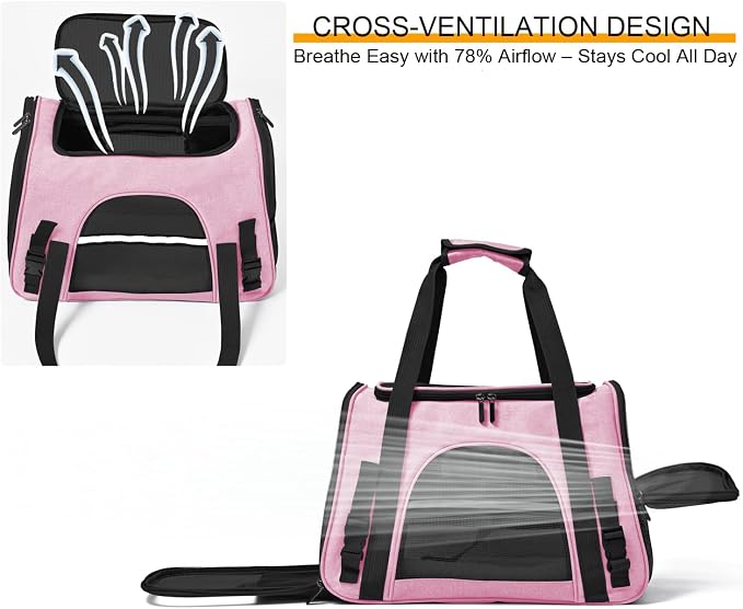 Dog Cat Carrier Soft for Small Pet Up to 16 Lbs TSA Airline Approved Travel Carrier Collapsible Puppy Car Mesh Bag 17.5 * 10.2 * 11.4 inch - Pink
