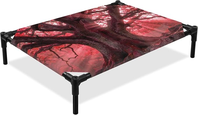 Outdoor Elevated Dog Bed for Medium Dogs, Red Trees Breathable Cooling Raised Dog Cot for Indoor/Outdoor, Country Forest Branches Nature Light View Waterproof Elevated Pet Beds, M 24 x 20 in