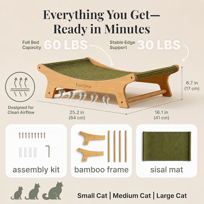 XL Sisal Cat Scratcher Bed with Elevated Hammock for Indoor Cats, Replaceable Natural Sisal Pad, Large Cat Lounge, Anti-Slip No-Wobble Bamboo Frame, Olive Green