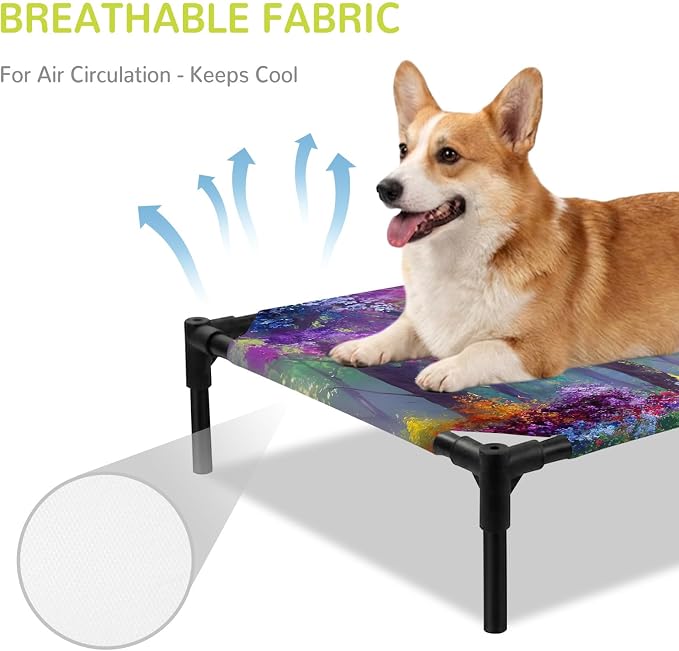Outdoor Elevated Dog Bed for Large Dogs, Spring Tree Breathable Cooling Raised Dog Cot for Indoor/Outdoor, Forest Sunbeams Floral Botanical Waterproof Elevated Pet Beds, L 28 x 22 in