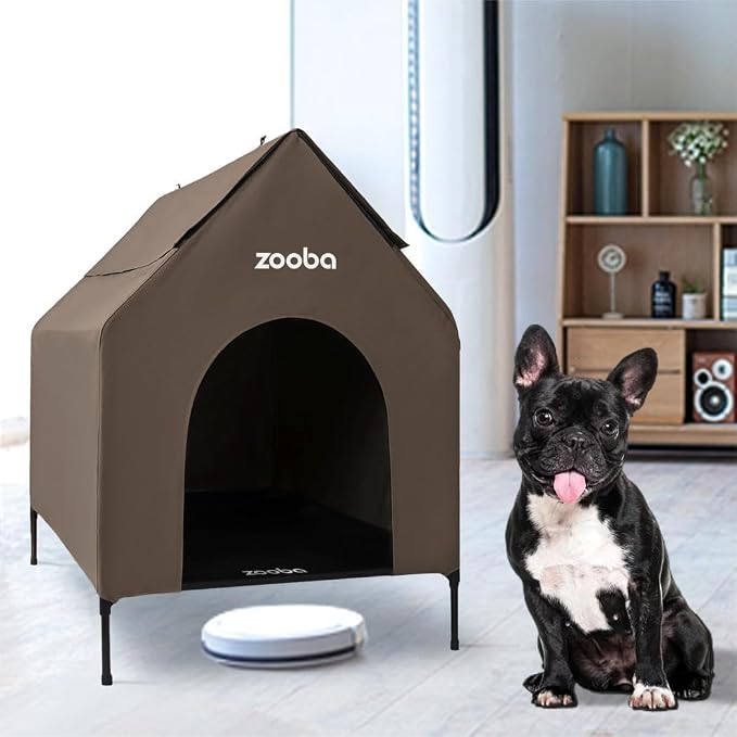 Zooba 29in Medium Dog House Outdoor, Elevated Dog Bed with Canopy, Brown | Weather-resistant 600D PVC canopy, breathable 2x1 Textilene elevated bed, steel frame; indoor or outdoor; easy to clean