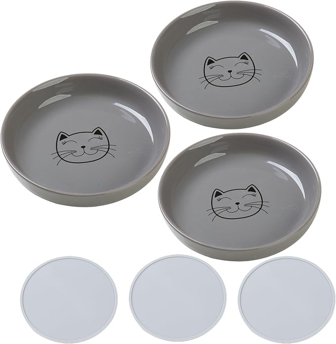Lusifaco Shallow Cat Food Bowls, 5.9 Inch Wide Ceramic Cat Dish for Indoor Cat,Anti Whisker Fatigue Cat Dishes Set, Kitten Plates for Food and Water,Non-Slip Silicone Mat,3 Pack(Grey)