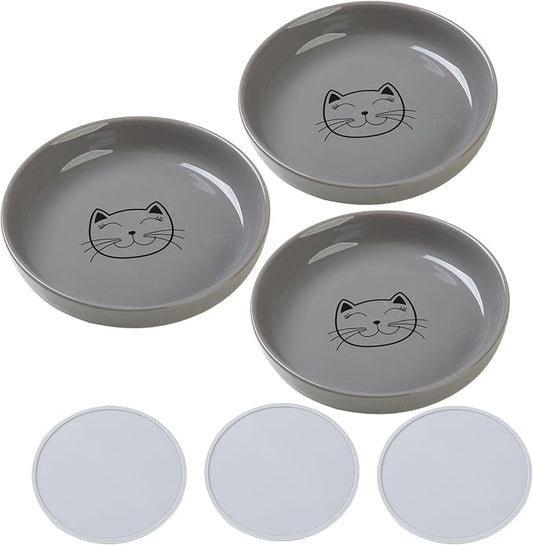 Lusifaco Shallow Cat Food Bowls, 5.9 Inch Wide Ceramic Cat Dish for Indoor Cat,Anti Whisker Fatigue Cat Dishes Set, Kitten Plates for Food and Water,Non-Slip Silicone Mat,3 Pack(Grey)