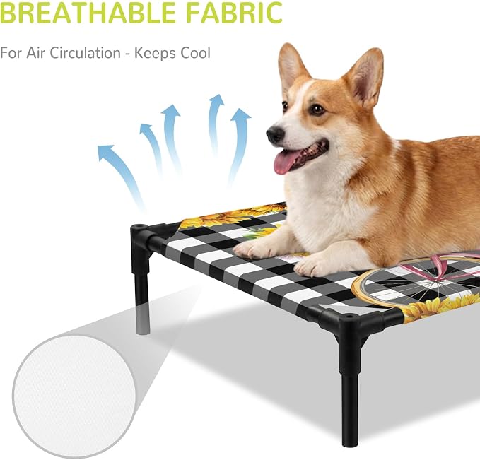 Outdoor Elevated Dog Bed for Medium Dogs, Sunflowers Bicycle Breathable Cooling Raised Dog Cot for Indoor/Outdoor, Summer Budding Botanical Floral Lattice Waterproof Elevated Pet Beds, M 24 x 20 in