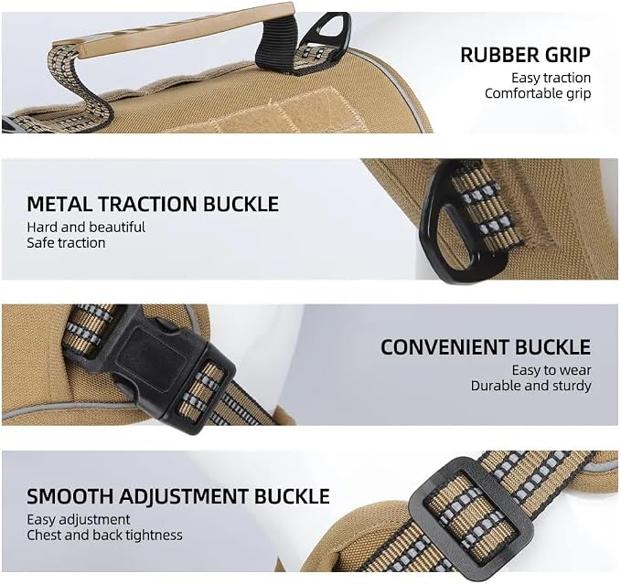 Tactical Dog Harness with Leash for Large Dogs, No Pull Adjustable Dog Harness, Reflective K9 Working Pet Vest for Walking, Training (Khaki, M)