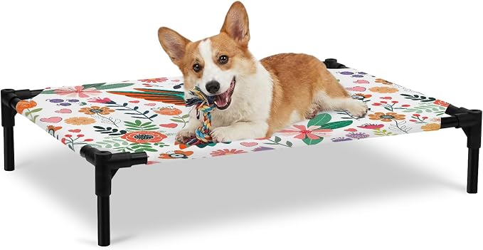 Outdoor Elevated Dog Bed for Large Dogs, Birds Flowers Breathable Cooling Raised Dog Cot for Indoor/Outdoor, Cartoon Sunny Colorful Botanical Floral Waterproof Elevated Pet Beds, L 28 x 22 in