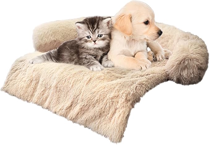 Luxurious Calming Dogs/Cats Bed Mats, Dog Pad Washable Removable Couch Cover, Plush Long Fur Mat for Pets, Waterproof Lining, Perfect for Small, Medium and Large Dogs and Cats (Beige, 34"x30")