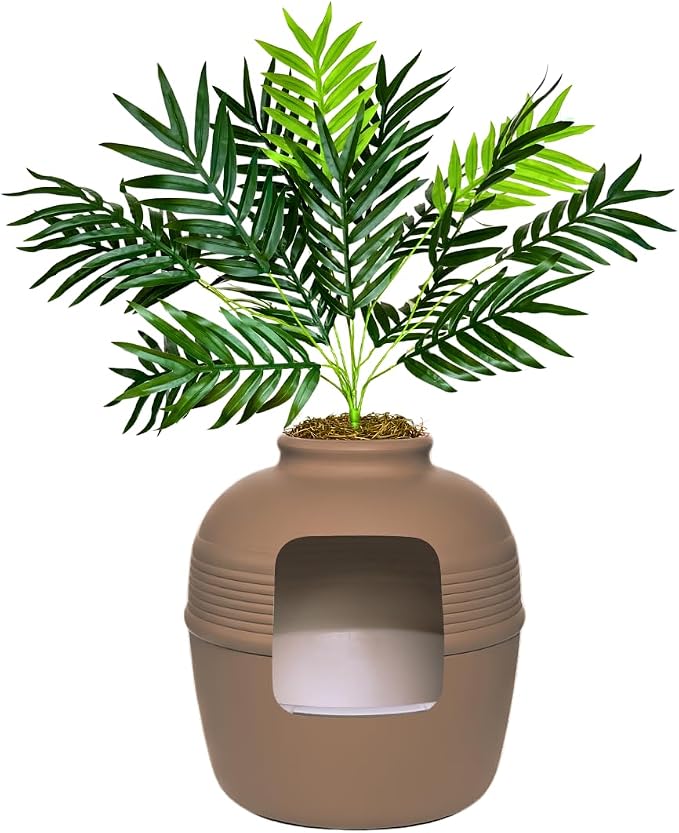 Good Pet Stuff Original Hidden Litter Box Planter, Decorative Cat Litter Enclosure with Carbon Filter, Artificial Palm Plant, Upgraded Design, Easy Clean Litter Tray, Essentials Kit, Mocha Brown