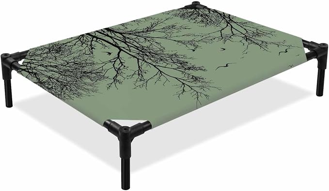 Outdoor Elevated Dog Bed for Medium Dogs, Green Black Branches Breathable Cooling Raised Dog Cot for Indoor/Outdoor, Botanical Dead Tree Birds Waterproof Elevated Pet Beds, M 24 x 20 in