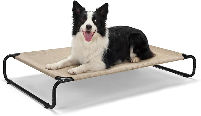 Veehoo Cooling Elevated Dog Bed, Outdoor Raised Dog Bed for Large Dogs | Dog Cot with Thickened Frame, Durable Teslin Mesh & Anti-Slip Rubber Feet, Pet Hammock for Indoor or Camping, 41", Beige