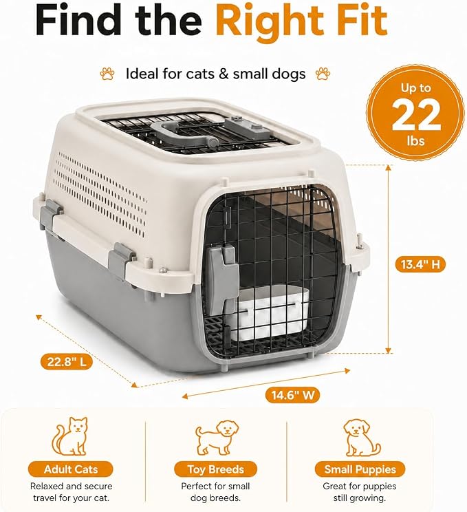 23" Airline Approved Cat Carrier Hard Shell, Dual-Entry Pet Carrier with Top & Front Doors, Detachable Food Bowl & Secure Lock, Breathable Dog Carrier for Cats & Small Dogs Up to 22 lbs - Grey
