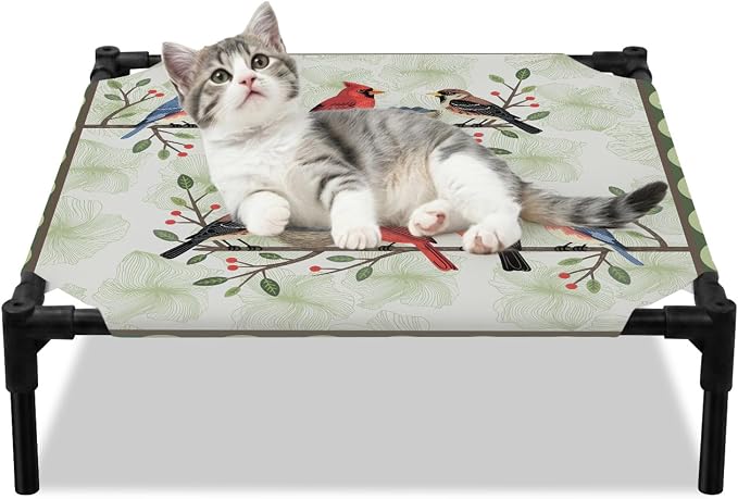 Outdoor Elevated Dog Bed for Small Dogs, Rustic Cardinal Bird Breathable Cooling Raised Dog Cot for Indoor/Outdoor, Green Leaves Branches Country Berries Waterproof Elevated Pet Beds, S 20 x 20 in