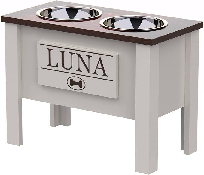 Elevated Dog Bowls for Large Dogs, Personalized Food Stand for Large Breed | Farmhouse Style, Elevated Wood Stand, Storage Container, Stainless Steel Bowls, Raised Anti-Slip Feeder, Made in USA
